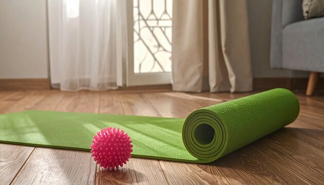 Pink spiked massage ball beside rolled green yoga mat on wooden floor during home workout preparation