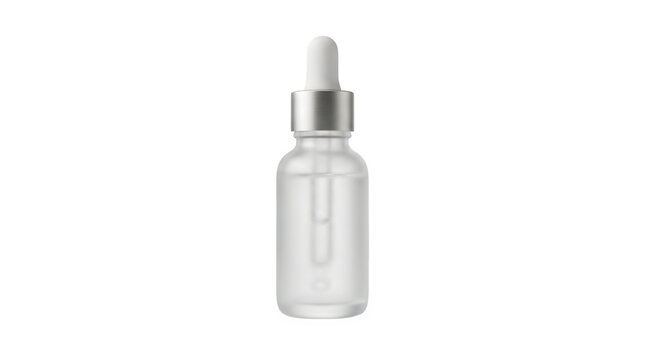 Frosted glass cosmetic dropper bottle with silver cap isolated on transparent background