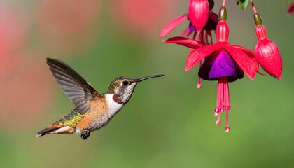 Fototapeta premium Tiny rufous hummingbird hovering near bright pink fuchsia blossoms in summer garden