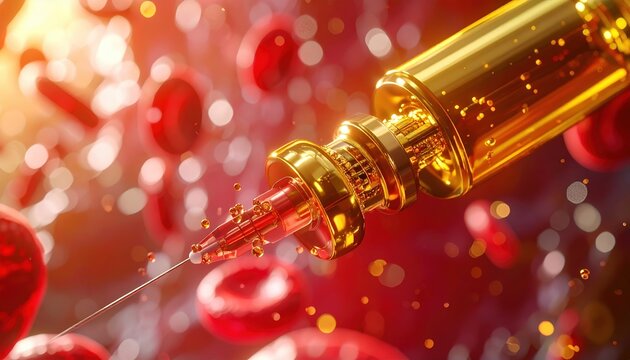 Golden microscopic robotic machine injecting molecular structures into organic tissue within human bloodstream