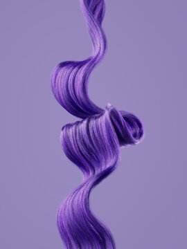 A vibrant purple hair strand curls elegantly against a soft lavender background.