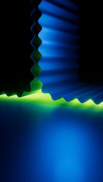 Layered blue abstract waves with green neon glow create a vivid vertical scene. Futuristic background for technology, media, and modern digital art. 3D render illustration.