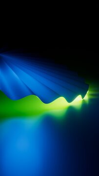 Glowing blue wave shapes with green neon highlights form a rich abstract texture. Futuristic background for media, music, and premium digital branding. 3D render illustration.