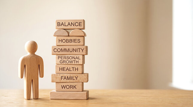 Marketing team mid-year performance review and life work balance KPI tracking concept with stacked wooden blocks and copy space for employee evaluation presentation