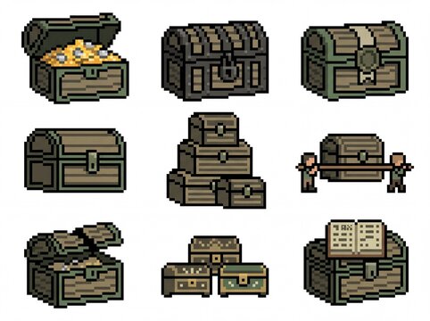 Treasure Chests Set with Gold Coins and a Book, Pixel Art Style. Fantasy Game Elements, Vintage Design, Digital Illustration.