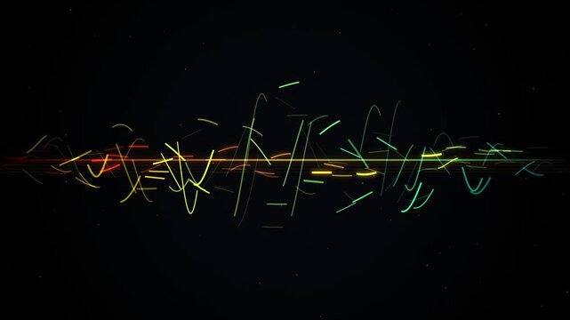 Abstract digital sound wave visualization with glowing colorful particles and dynamic light streaks audio spectrum