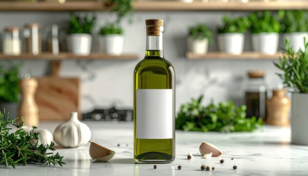 Green glass olive oil bottle with blank white label on marble kitchen counter surrounded by herbs and garlic