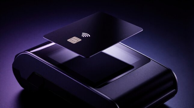 Black credit card hovers over reader for wireless payment. Transaction process uses chip and NFC for modern cashless commerce. Automated device for quick purchase.