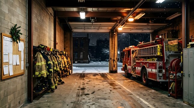 Interior of fire station bay on snowy winter night with emergency firetruck, turnout suits, and subtle holiday wreath decor