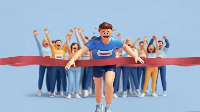 3D Animation of Man Running to Cross Marathon Finish Line with Cheering Crowd