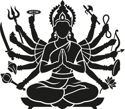 Powerful Silhouette of Hindu Goddess Durga with Ten Arms and Sacred Weapons, Minimalist Vector Illustration for Navratri, Dussehra Festival, Religious and Spiritual Graphic Design Art.