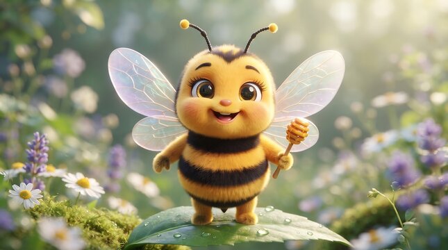 Adorable honey bee character holding a honey dipper, cute bumblebee mascot in a sunny flower garden, whimsical 3D style insect illustration for children