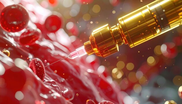 Golden microscopic robotic machine injecting molecular structures into organic tissue within human bloodstream