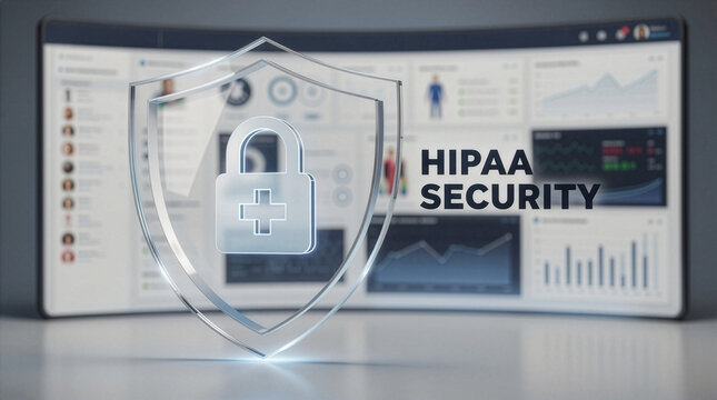 Glass security shield with a medical padlock icon placed in front of a curved digital dashboard showing charts, representing HIPAA compliance, healthcare data protection, and privacy