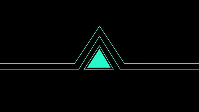 cyan geometric design features layered triangular lines converging around a solid central triangle on a black background. Parallel horizontal lines extend outward from the symmetrical structure