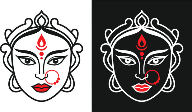Beautiful Vector Illustration of Goddess Durga Face for Navratri and Durga Puja Festivals, Stylized Hindu Goddess Kali Icon with Red Bindi and Nose Ring, Minimalist Sacred Line Art Design