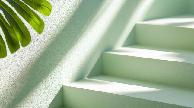 Soft green stairs illuminated by natural light create serene atmosphere, complemented by large leaf casting gentle shadow