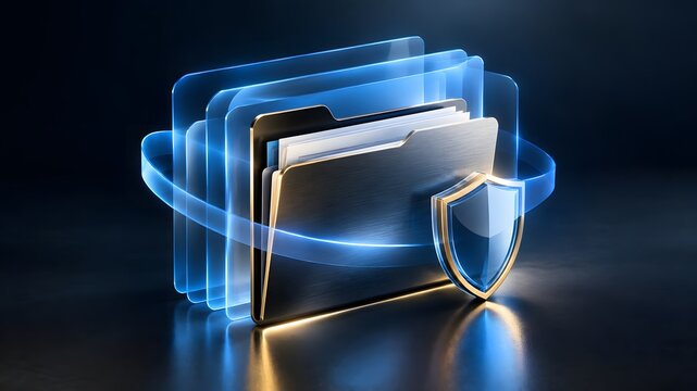 Stacked file folders with a glowing shield and swirling light bands create a secure data concept