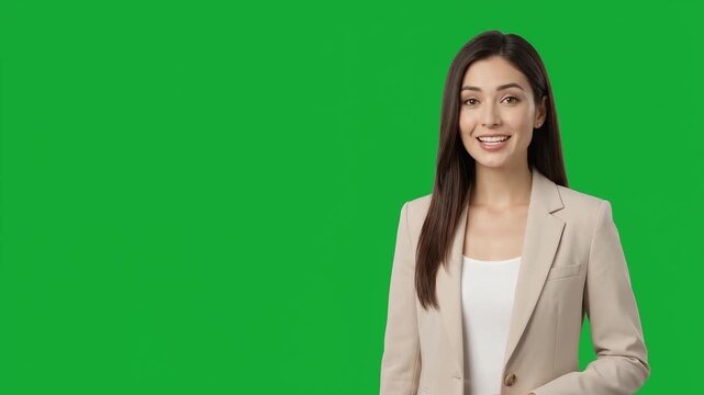 Professional Young Woman Speaking on Green Screen Background