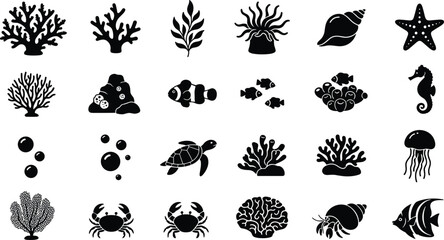 Obraz premium Ocean reef and marine life silhouette icon collection featuring coral reefs, sea plants, shells, starfish, tropical fish, turtle, jellyfish, crabs, seahorse, and shrimp