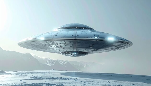 Futuristic silver metallic flying saucer hovering against clean bright background representing extraterrestrial technology