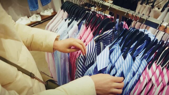 Customer Browsing Through Striped Shirts On Clothes Hangers In Retail Store. Mall Apparel Garment Selection 