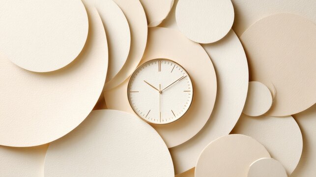 Beige layered paper clock composition with textured circles for minimalist design background poster card layouts and elegant time concept