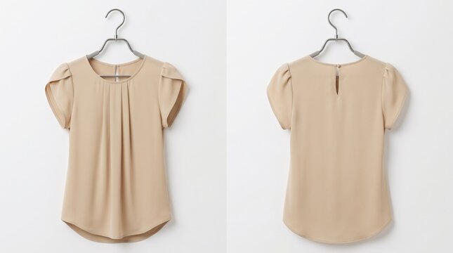 Elegant beige women's blouse shown from front and back on hangers, featuring pleated neckline and tulip sleeves against a clean white background