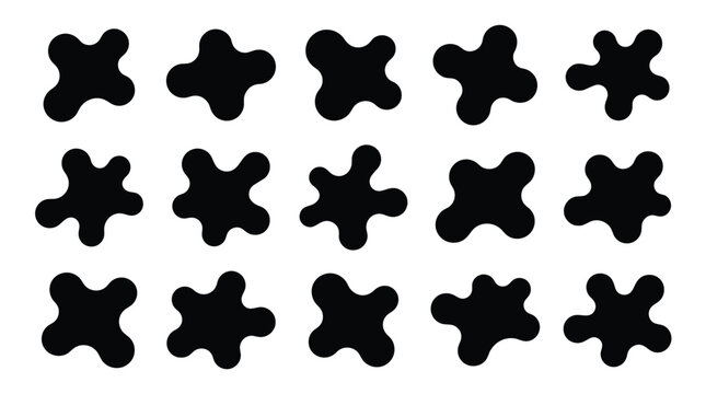 Abstract organic blob shapes, set of 15 black liquid splash silhouettes, minimalist amoeba vector elements for modern graphic design