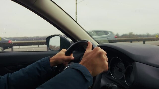 Driver Holding Steering Wheel Driving Automobile On Highway. Automotive Transport