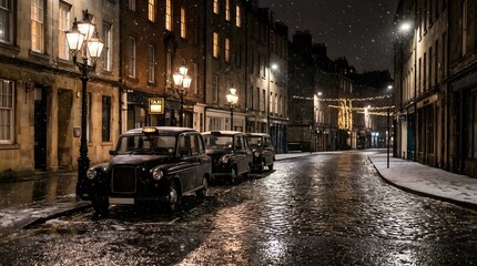 Fototapeta premium Traditional black cabs parked on a wet cobblestone street at night in a historic European city during winter