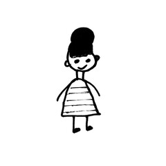 Fototapeta premium Black and White Stick Figure Woman with Updo Hair and Striped Dress Doodle Illustration