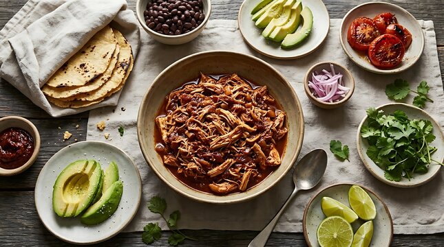 Top view of delicious pulled pork tacos ingredients with avocado beans and tortillas on wooden table. Chicken tinga