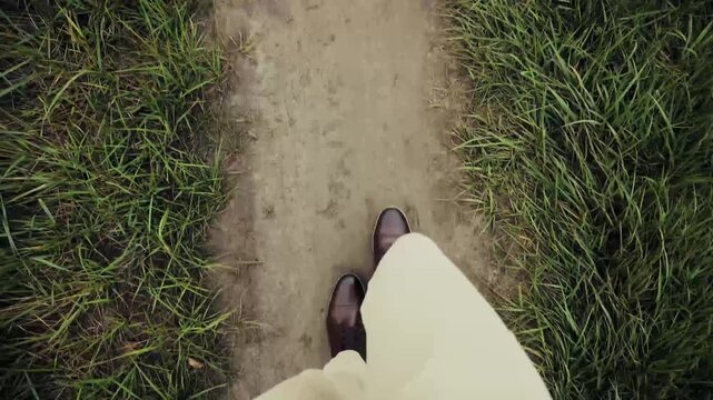 Person Walking Along Dirt Path Among Green Grass. Outdoors Journey 