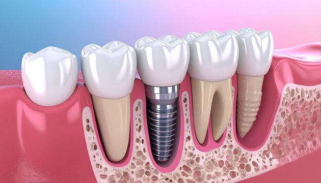 Dental implant titanium screw with white tooth crown, pink gum and jawbone shown in detailed medical cross section