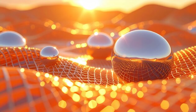 Shiny silver metallic spheres resting in valleys of wavy orange geometric grid under golden sunset
