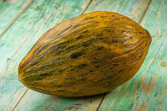 Ripe piel de sapo melon with textured green and yellow rind resting on weathered teal wooden surface, shallow depth of field