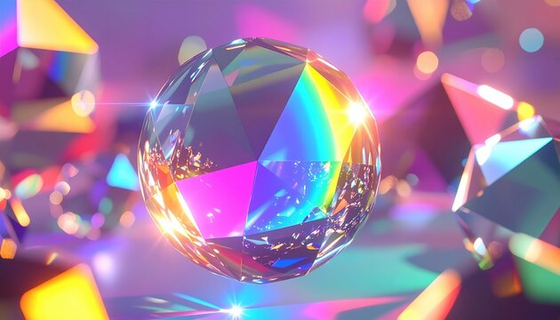 Glowing crystal sphere reflecting rainbow spectrum surrounded by floating geometric diamond shapes