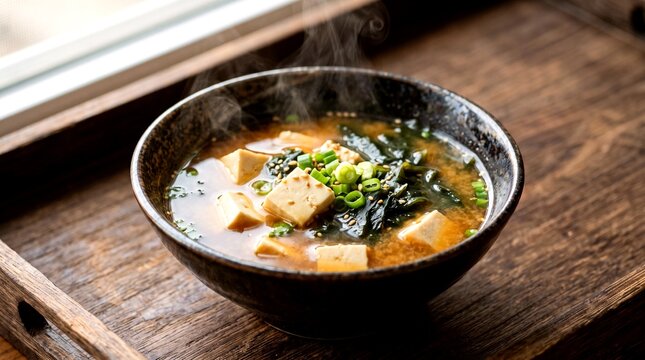 Steaming bowl of miso soup with tofu and seaweed on a wooden tray