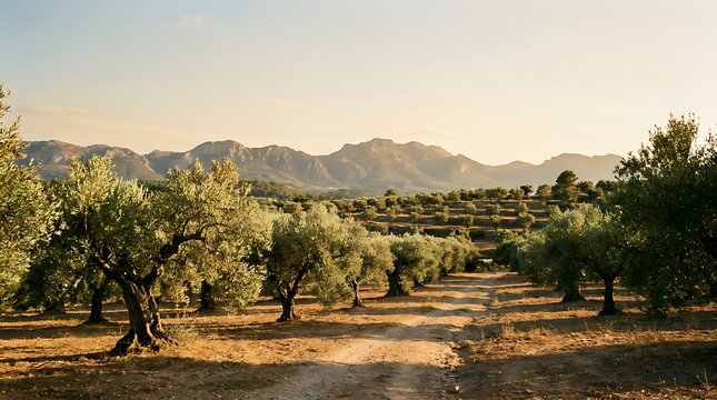 Sunlit olive tree grove at sunset with distant mountains in the rural