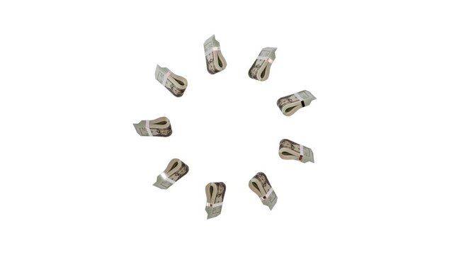 3D graphic clip featuring United States 20 USD paper money stacks in smooth motion, studio backdrop with green screen. Best for financial infographics.