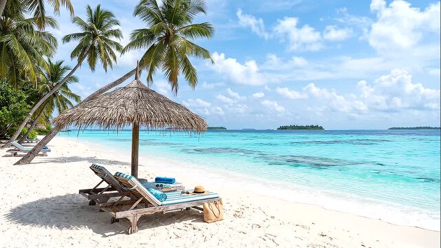 Pristine Maldives tropical beach with white sand, wooden sun loungers under a thatched parasol, leaning palm trees, and crystal-clear turquoise ocean wave