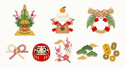 Fototapeta premium Collection of traditional Japanese New Year decoration icons and symbols