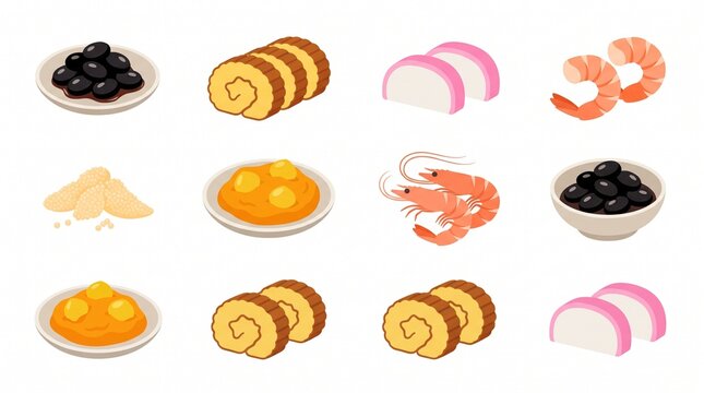 Set of Japanese New Year osechi food icons including datemaki and shrimp
