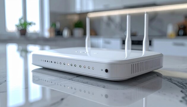 White wireless router with four antennas resting on glossy kitchen table