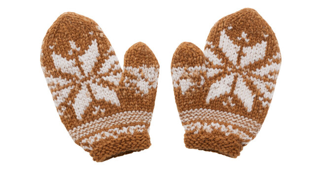 Pair of brown knitted winter mittens with snowflake pattern isolated as png on transparent background