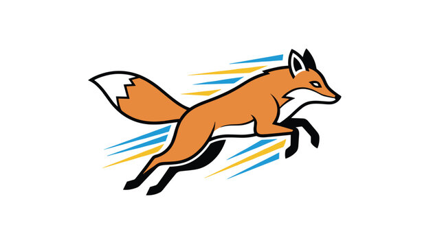 Fast jumping fox illustration with colorful motion lines representing speed agility and athletic branding.