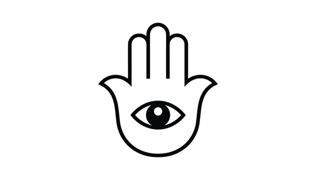 Traditional hamsa hand with an eye symbol representing protection and luck in simple black line art style.