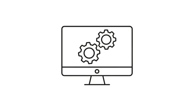 Detailed digital line icon of a computer monitor displaying two interlocking system configuration gears on screen.