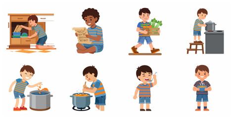 Fototapeta premium Set of cute little boys cooking healthy food in the kitchen, flat vector illustration isolated on white